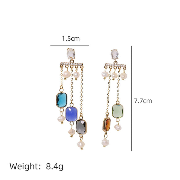 Women's Elegant Fashion Titanium Steel Zircon Flower Tassel Geometric Electroplated Earrings