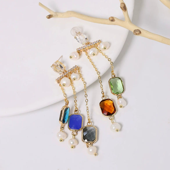 Women's Elegant Fashion Titanium Steel Zircon Flower Tassel Geometric Electroplated Earrings