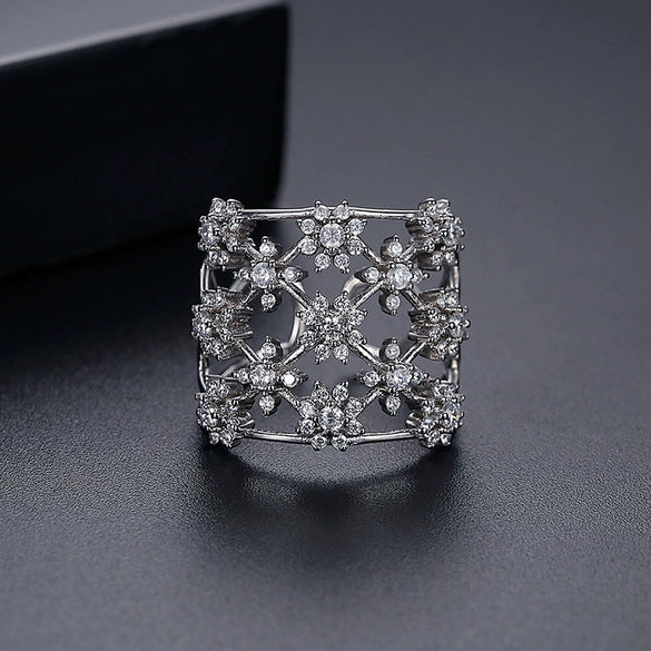 Women's Elegant Flower Open Ring Copper Electroplated Micro Pave Zircon Adjustable Fashion Ring