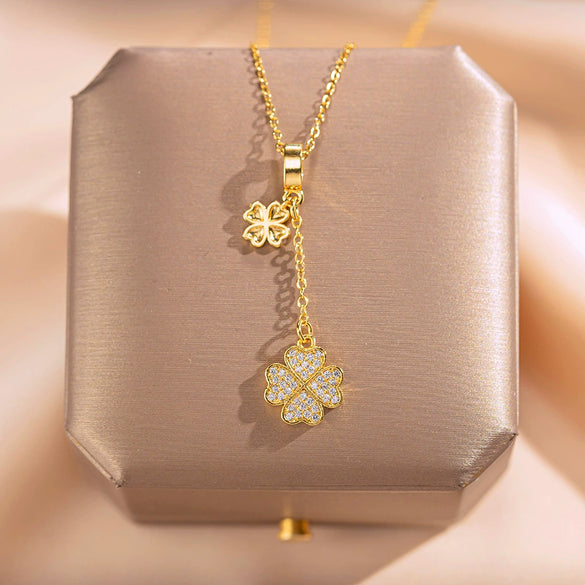 Women's Elegant Flower Shape Titanium Steel And Copper Inlaid With Zircon Clover Tassel Necklace With Color Retention Enhancement