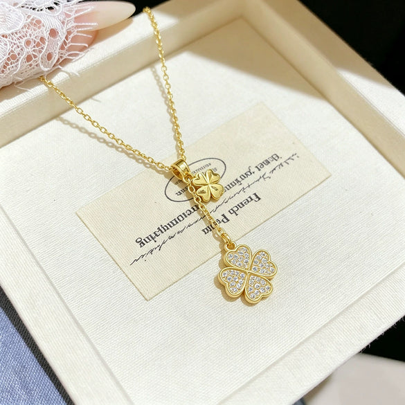 Women's Elegant Flower Shape Titanium Steel And Copper Inlaid With Zircon Clover Tassel Necklace With Color Retention Enhancement