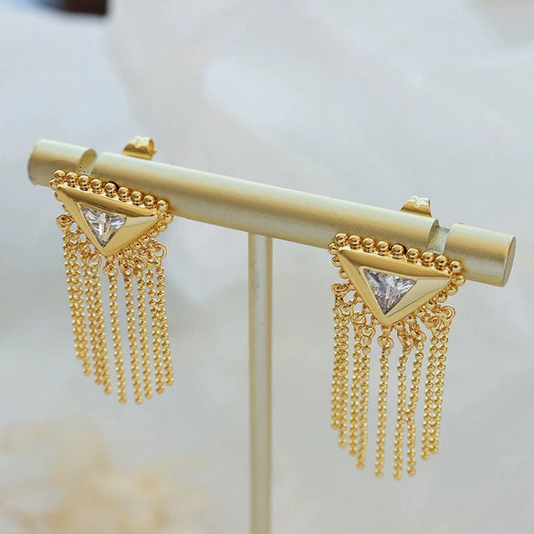 Women's Elegant Geometric Brass Inlaid Zircon Triangle Tassel Earrings With Titanium Steel Ear Pin And Electroplating