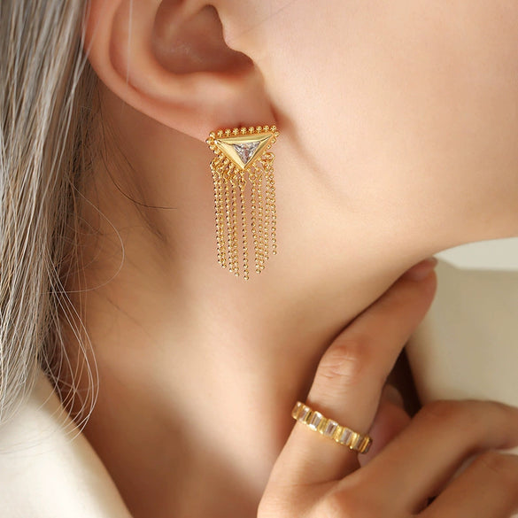 Women's Elegant Geometric Brass Inlaid Zircon Triangle Tassel Earrings With Titanium Steel Ear Pin And Electroplating