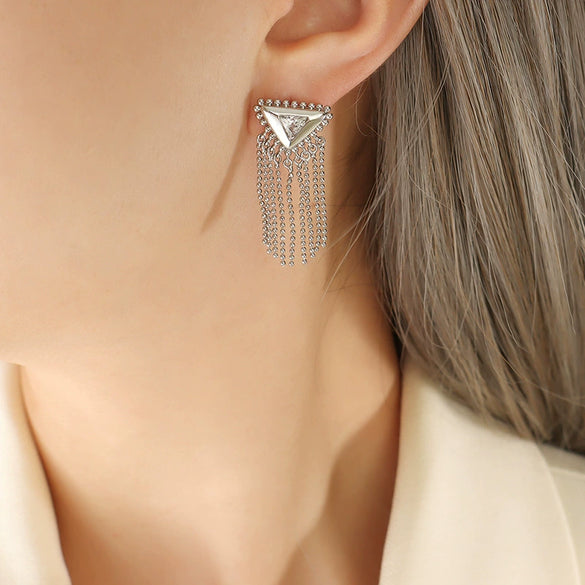 Women's Elegant Geometric Brass Inlaid Zircon Triangle Tassel Earrings With Titanium Steel Ear Pin And Electroplating
