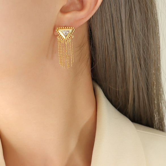 Women's Elegant Geometric Brass Inlaid Zircon Triangle Tassel Earrings With Titanium Steel Ear Pin And Electroplating