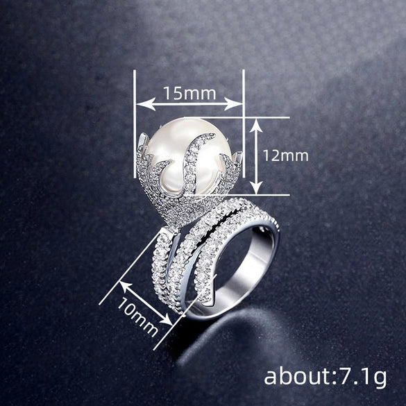 Women's Elegant Geometric Copper Imitation Pearl Diamond Ring Jewelry With Zirconia