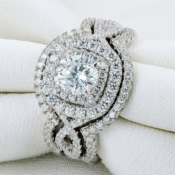 Women's Elegant Geometric Copper Ring Threepiece Set With Zirconia