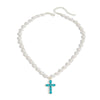 Women's Elegant Geometric Imitation Pearl Beaded Pendant Necklace With Alloy Cross Charm And Lobster Clasp