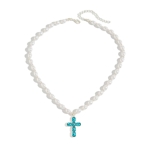 Women's Elegant Geometric Imitation Pearl Beaded Pendant Necklace With Alloy Cross Charm And Lobster Clasp