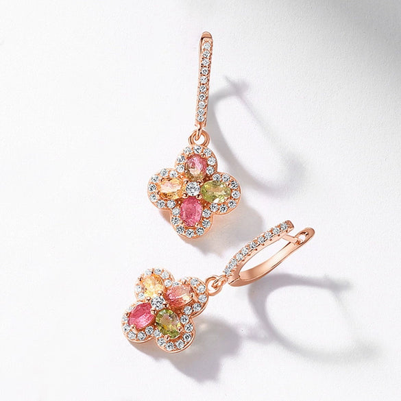 Women's Elegant Geometric Natural Tourmaline Earrings S925 Silver 10K Gold Plated With Diamond Design