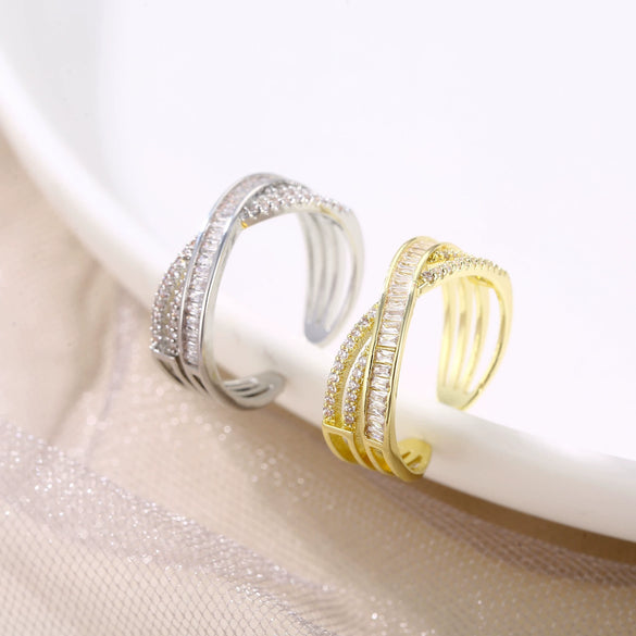 Women's Elegant Geometric Open Zircon Ring Adjustable Mobius Cross Style Fashion Jewelry