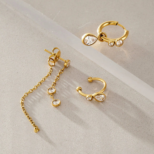 Women's Elegant Geometric Zircon Stainless Steel Water Drop Tassel Earrings With Electroplated Finish