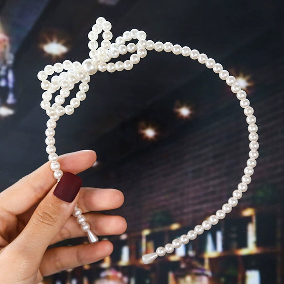 Women's Elegant Handmade Braided Pearl Bow Headband With Diamond Accent Hair Accessory