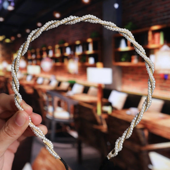 Women's Elegant Handmade Braided Pearl Bow Headband With Diamond Accent Hair Accessory