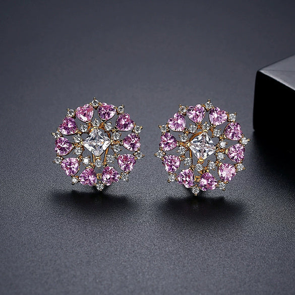 Women's Elegant Heart Shaped Pink Copper Earrings With Zircon Inlay Electroplated Sweet Floral Fashion Jewelry