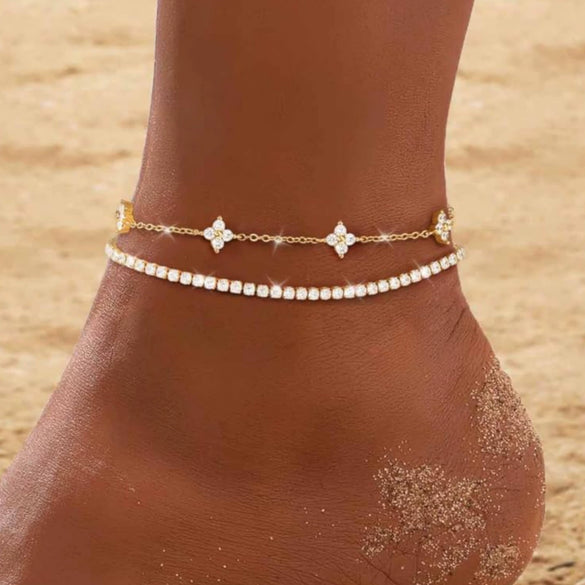 Women's Elegant Light Luxury Copper Four Leaf Clover Double Layer Anklet With Leaf Pattern Foot Jewelry