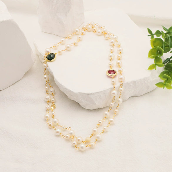 Women's Elegant Natural Pearl Long Pendant Necklace With Geometric Plaid Pattern And Bamboo Chain 18K Real Gold Electroplated