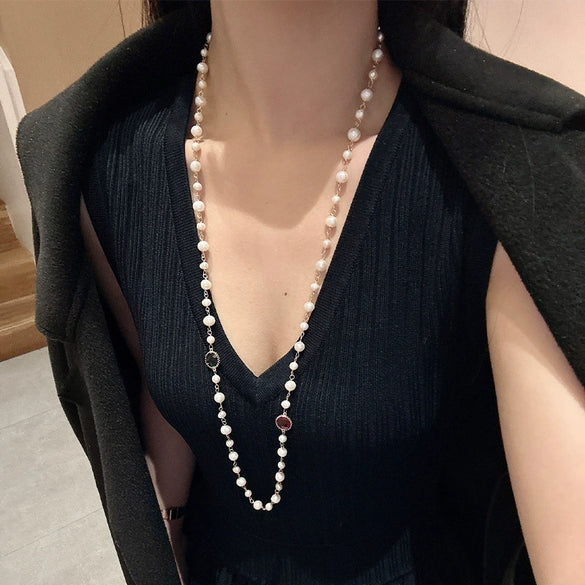 Women's Elegant Natural Pearl Long Pendant Necklace With Geometric Plaid Pattern And Bamboo Chain 18K Real Gold Electroplated