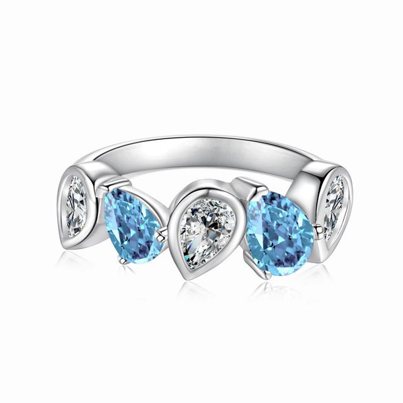 Women's Elegant S925 Silver Ring With Blue Water Drop Love Zircon Butterfly Heart And Bow Patterns Electroplated