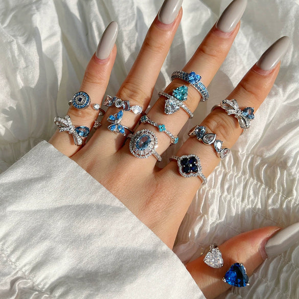 Women's Elegant S925 Silver Ring With Blue Water Drop Love Zircon Butterfly Heart And Bow Patterns Electroplated