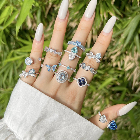 Women's Elegant S925 Silver Ring With Blue Water Drop Love Zircon Butterfly Heart And Bow Patterns Electroplated
