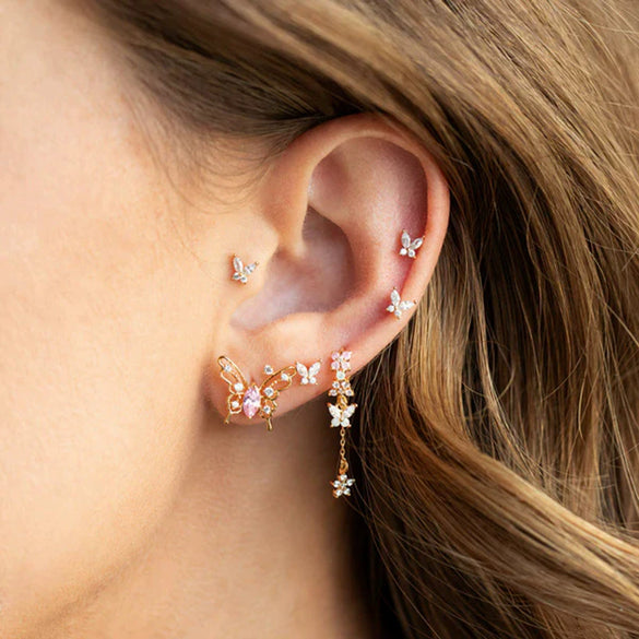 Women's Elegant Silver Needle And Copper Butterfly Flower Tassel Earrings With Zircon Electroplated Geometric Dangle Design