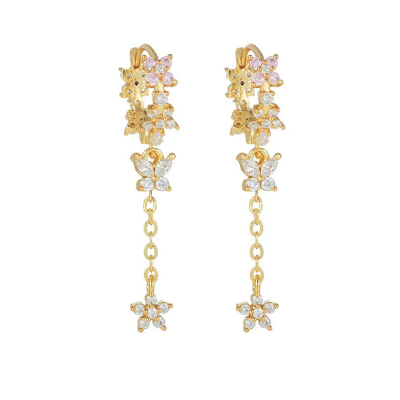 Women's Elegant Silver Needle And Copper Butterfly Flower Tassel Earrings With Zircon Electroplated Geometric Dangle Design