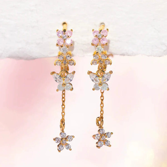 Women's Elegant Silver Needle And Copper Butterfly Flower Tassel Earrings With Zircon Electroplated Geometric Dangle Design