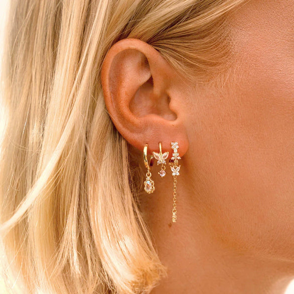 Women's Elegant Silver Needle And Copper Butterfly Flower Tassel Earrings With Zircon Electroplated Geometric Dangle Design