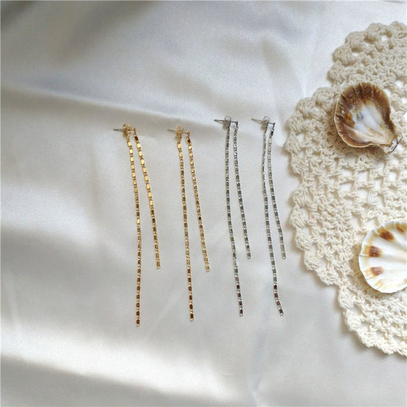 Women's Elegant Simple Tassel Long Chain Earrings S925 Silver Needle Real Gold Plated Geometric Style