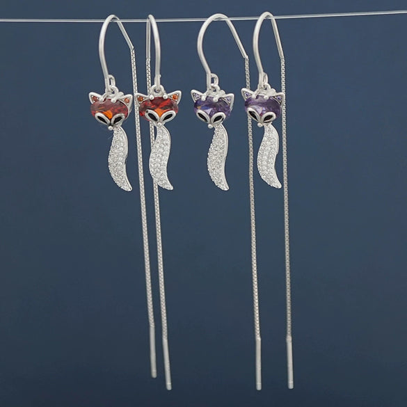 Women's Elegant Sterling Silver Fox Ear Line Earrings With Long Tassel Animal Design Light Luxury Style
