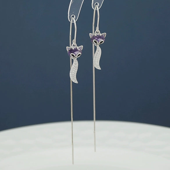 Women's Elegant Sterling Silver Fox Ear Line Earrings With Long Tassel Animal Design Light Luxury Style