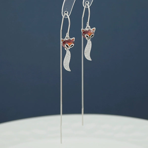 Women's Elegant Sterling Silver Fox Ear Line Earrings With Long Tassel Animal Design Light Luxury Style