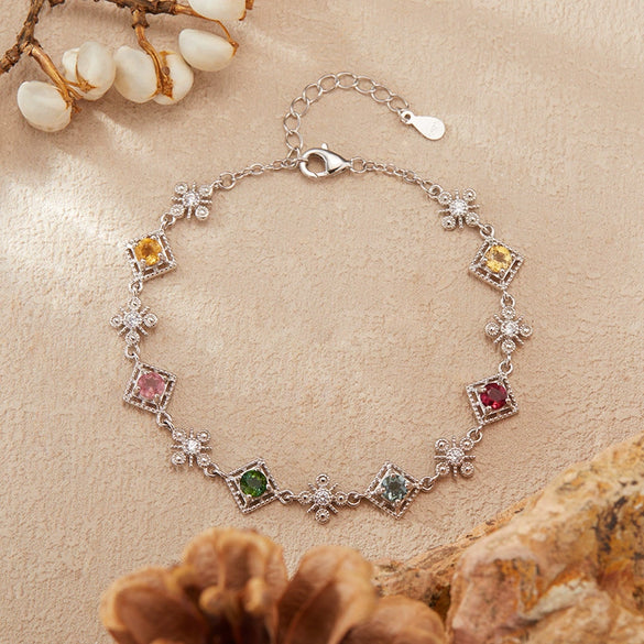 Women's Elegant Tourmaline S925 Sterling Silver Geometric And Bow Patterned Bracelet Set With Gemstones