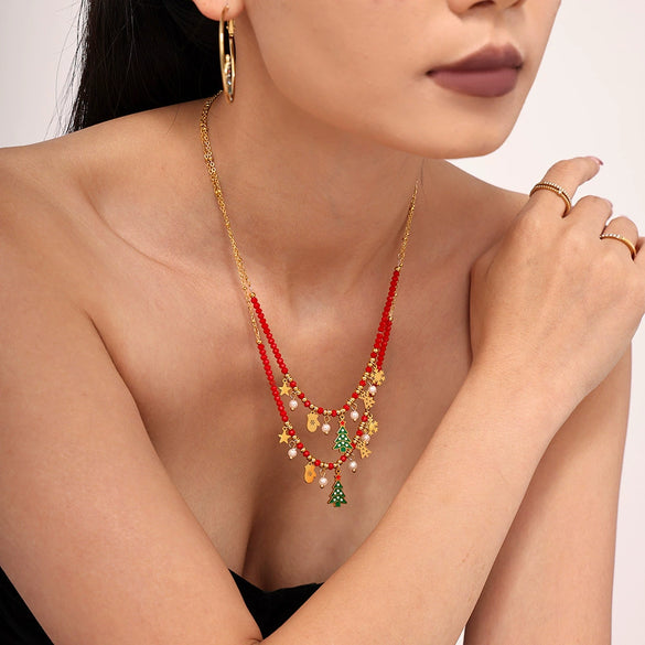 Women's Enamel Christmas Tree Pendant Necklace With Geometric Zircon Design Electroplated Stainless Steel Regular Chain