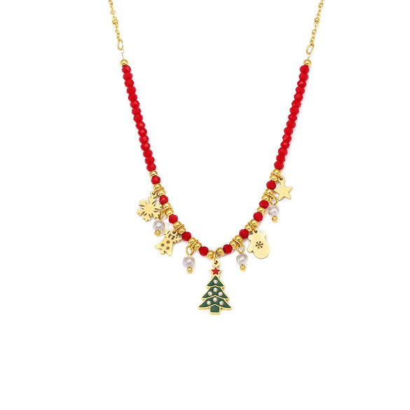 Women's Enamel Christmas Tree Pendant Necklace With Geometric Zircon Design Electroplated Stainless Steel Regular Chain