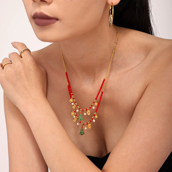 Women's Enamel Christmas Tree Pendant Necklace With Geometric Zircon Design Electroplated Stainless Steel Regular Chain