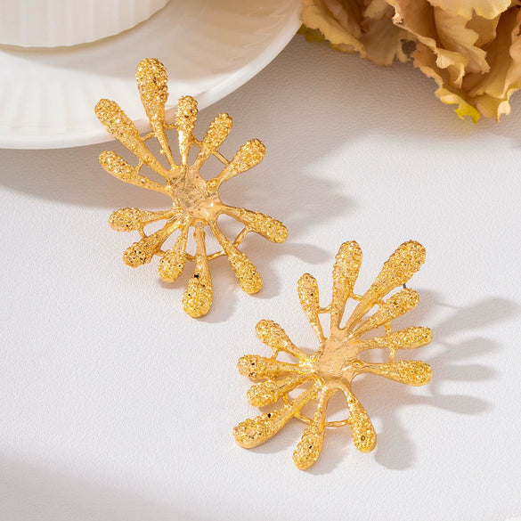 Women's Exaggerated Fireworkshaped Flower Earrings In Distressed Goldtone Zinc Alloy With Retro Geometric Radiating Design And Stainless Steel Ear Posts