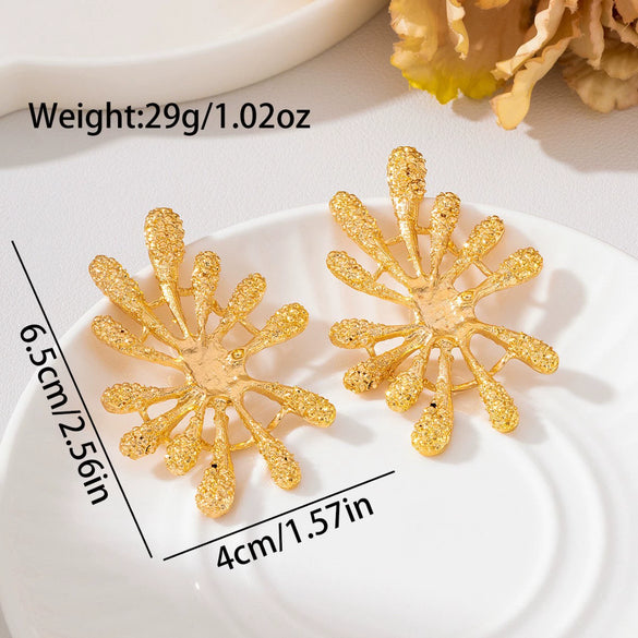 Women's Exaggerated Fireworkshaped Flower Earrings In Distressed Goldtone Zinc Alloy With Retro Geometric Radiating Design And Stainless Steel Ear Posts
