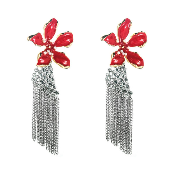 Women's Exaggerated Flower Alloy Chain Tassel Pearl Drop Earrings With Diamond Accents