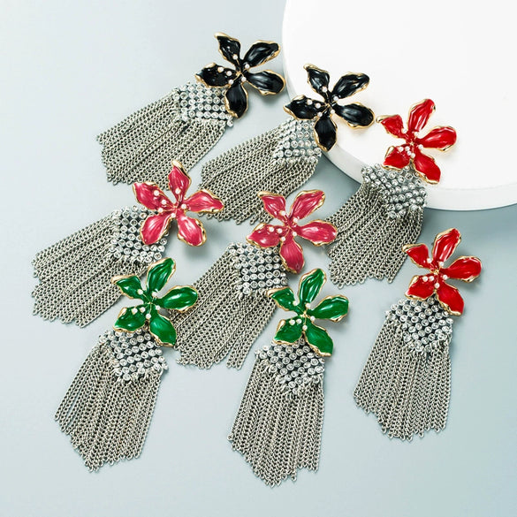 Women's Exaggerated Flower Alloy Chain Tassel Pearl Drop Earrings With Diamond Accents