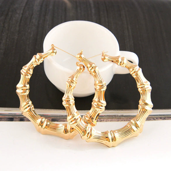 Women's Exaggerated Geometric Bamboo Hoop Earrings Electroplated Gold Tone Plastic Resin Circle Earrings