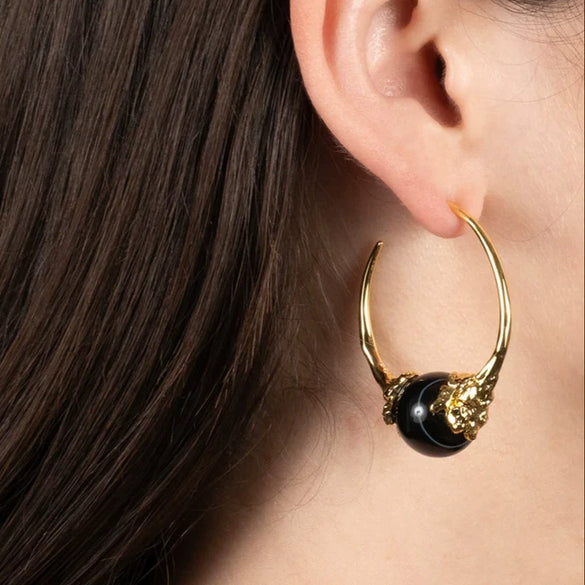 Women's Exaggerated Geometric Hoop Earrings With Black Agate And Real Gold Plated Copper Retro Fashion Jewelry
