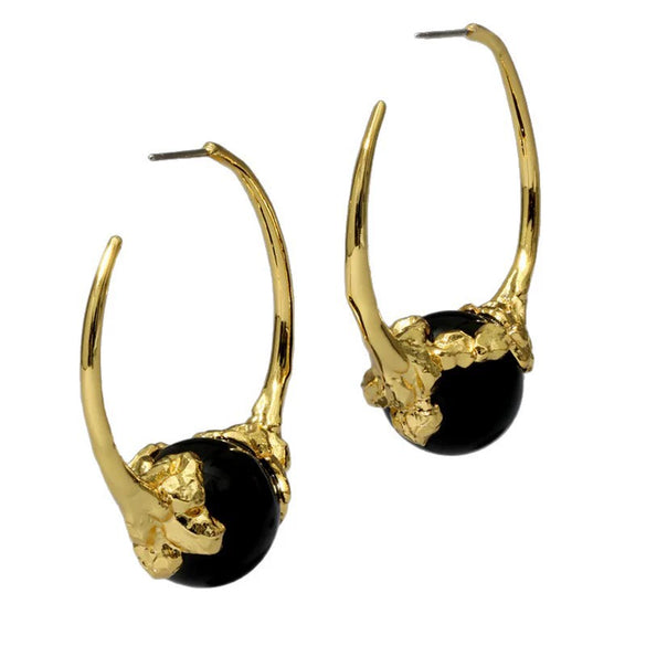 Women's Exaggerated Geometric Hoop Earrings With Black Agate And Real Gold Plated Copper Retro Fashion Jewelry