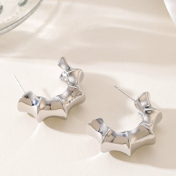 Women's Exaggerated Geometric Letter Earrings In Goldplated Metal With A Bambooinspired Cshaped Minimalist Design