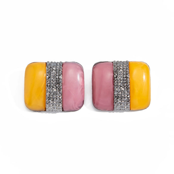 Women's Exaggerated Geometric Square Color Block Stud Earrings With Black Resin Gemstone Accents Retro Electroplated Zinc Alloy Design And Steel Posts