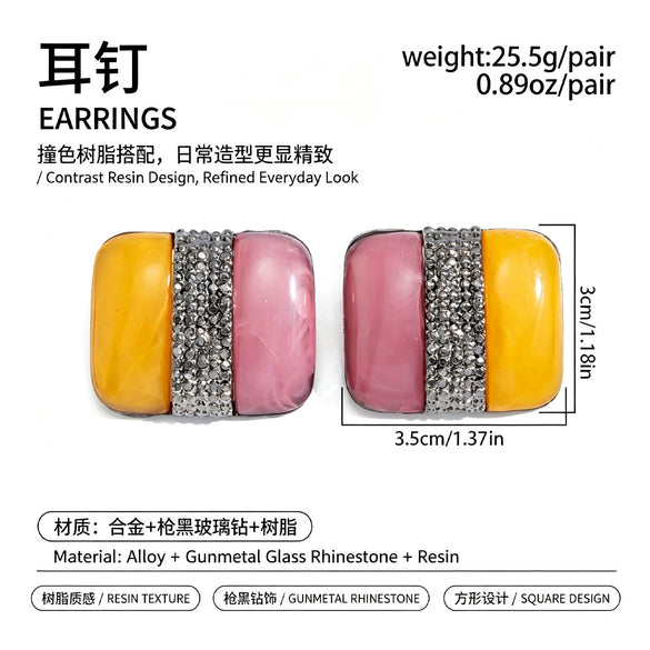 Women's Exaggerated Geometric Square Color Block Stud Earrings With Black Resin Gemstone Accents Retro Electroplated Zinc Alloy Design And Steel Posts
