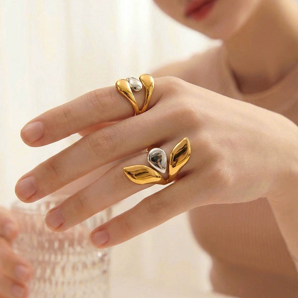 Women's Exaggerated Geometric Stainless Steel Adjustable Open Ring With 18K Vacuum Plated Finish And Simple Fashion Style