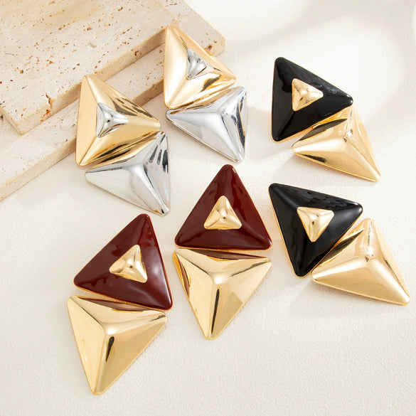 Women's Exaggerated Geometric Triangle Drop Earrings With Colorblocked Alloy Design Retro Style And Dripoil Finish