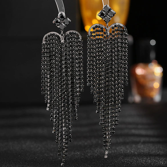 Women's Exaggerated Heart Tassel Earrings Elegant Long Silver Pin Zircon Inlaid Environmental Copper Dress Earrings